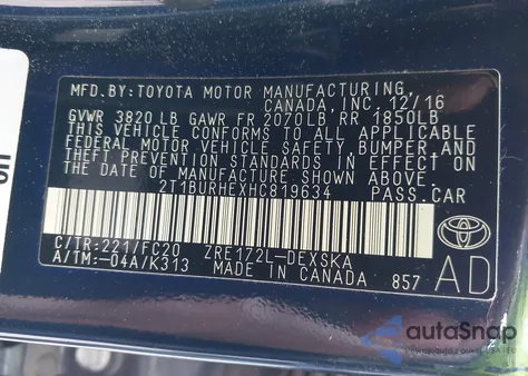 2017 Toyota Corolla Se z USA, uszkodzony, nr VIN 2T1BURHEXHC819634
